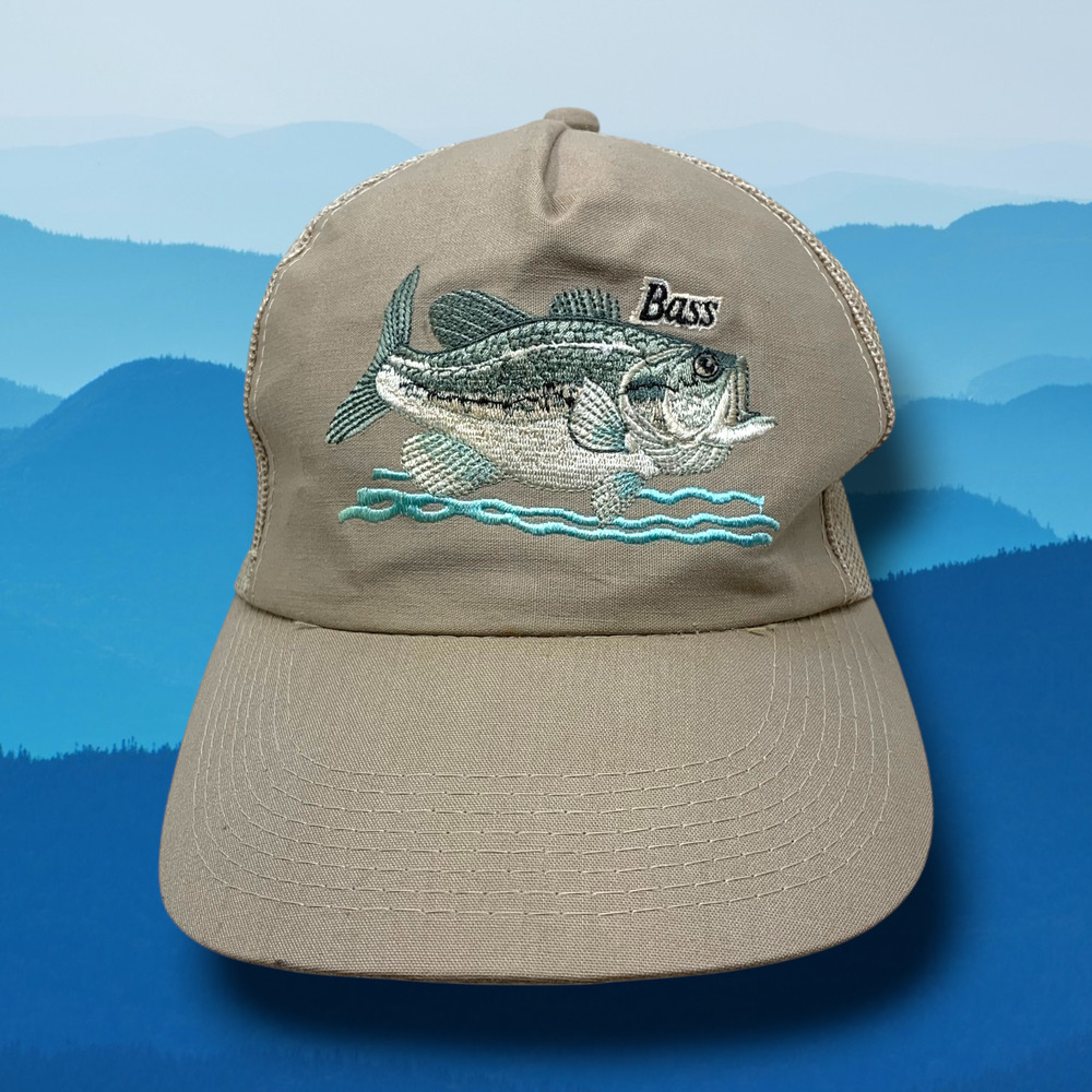Vintage BASS Embroidered Tan Snapback Cap Dad Trucker Hat Adjustable Mesh Back